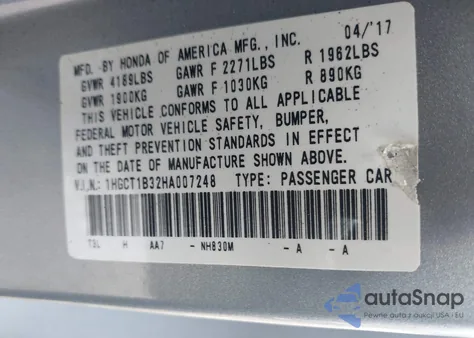 2017 Honda Accord Lx-S из США, поврежденный, VIN 1HGCT1B32HA007248